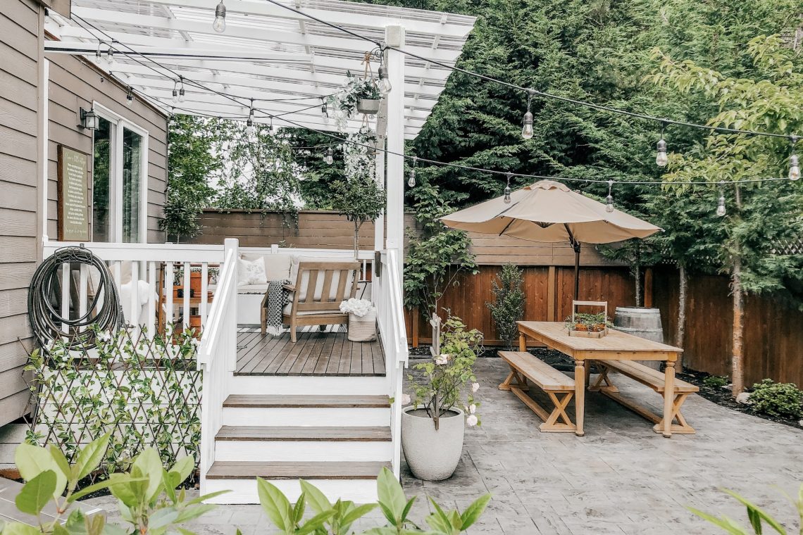 Finished cedar deck with pergola at golden hour